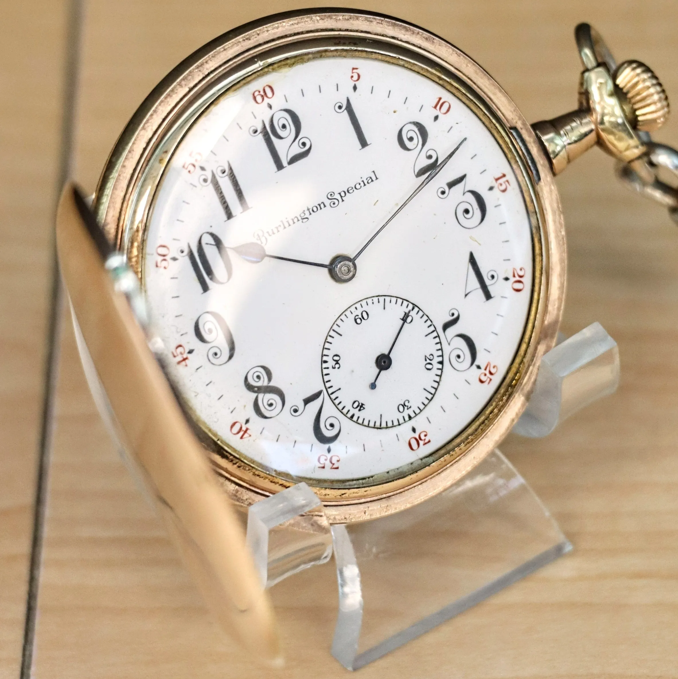 1912 BURLINGTON SPECIAL Pocket Watch 19J ADJs Grade 274 U.S.A. Hunter G.F. Case w/ Chain
