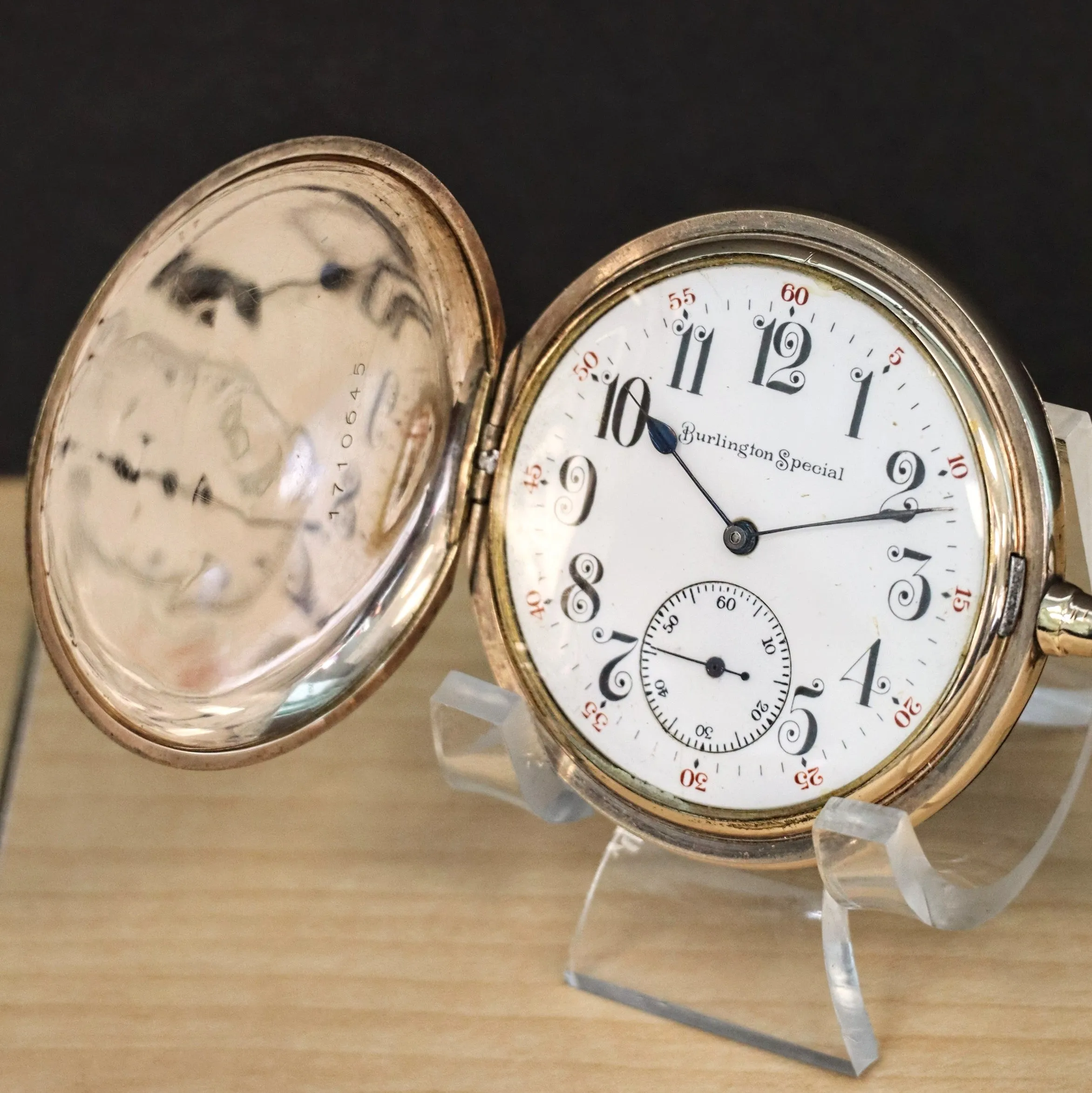 1912 BURLINGTON SPECIAL Pocket Watch 19J ADJs Grade 274 U.S.A. Hunter G.F. Case w/ Chain