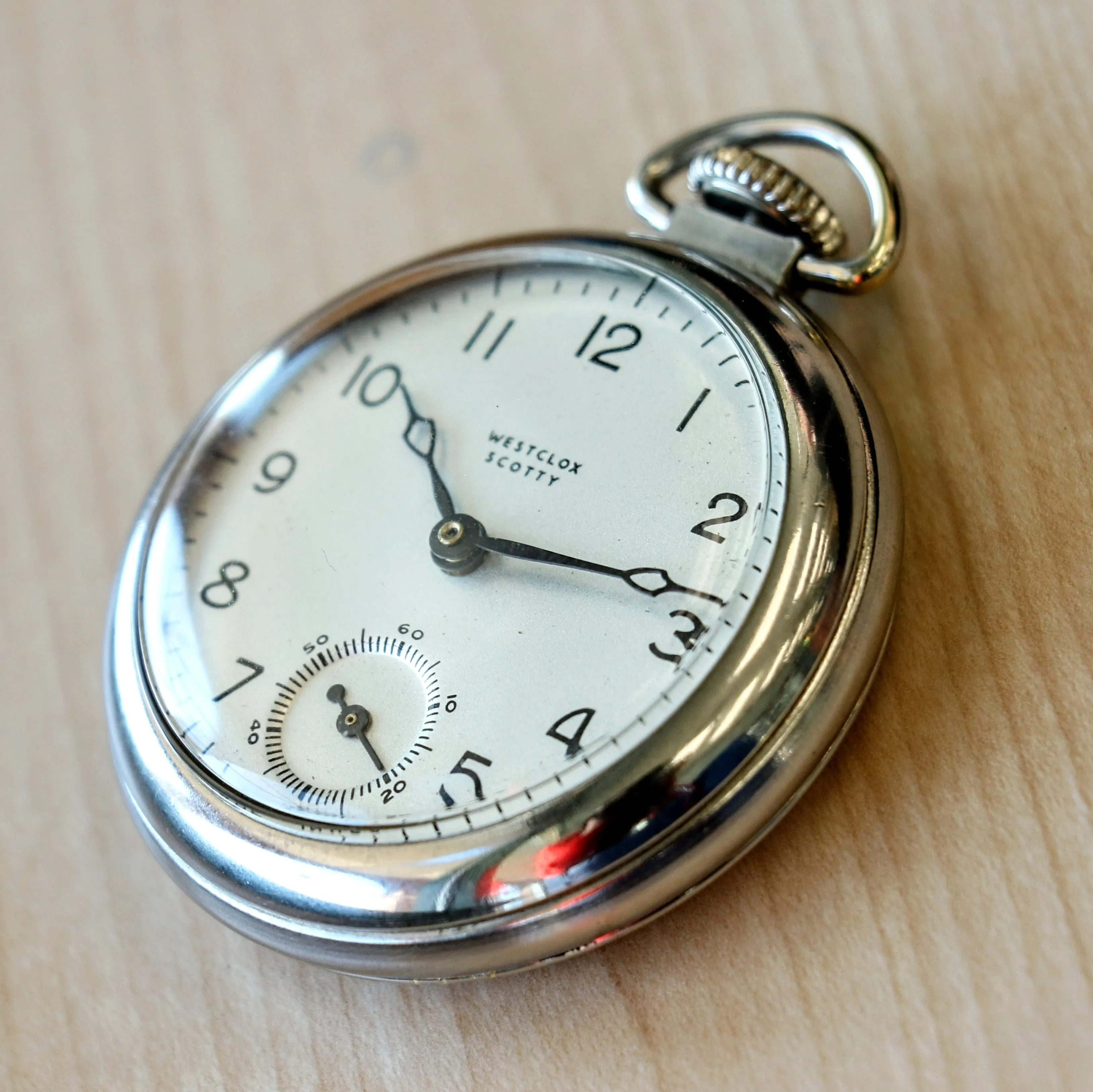 1940's WESTCLOX Scotty Pocket Watch 18s U.S.A. Made Manual Wind Timepiece