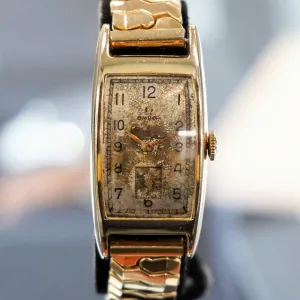 1945 OMEGA Watch 17 Jewels Cal. R17.8 Tank Case Vintage Swiss Wristwatch 14K G.F.