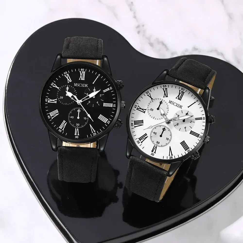 2 Piece Couple Fashion Leather Watches Simple Dial Quartz Dress