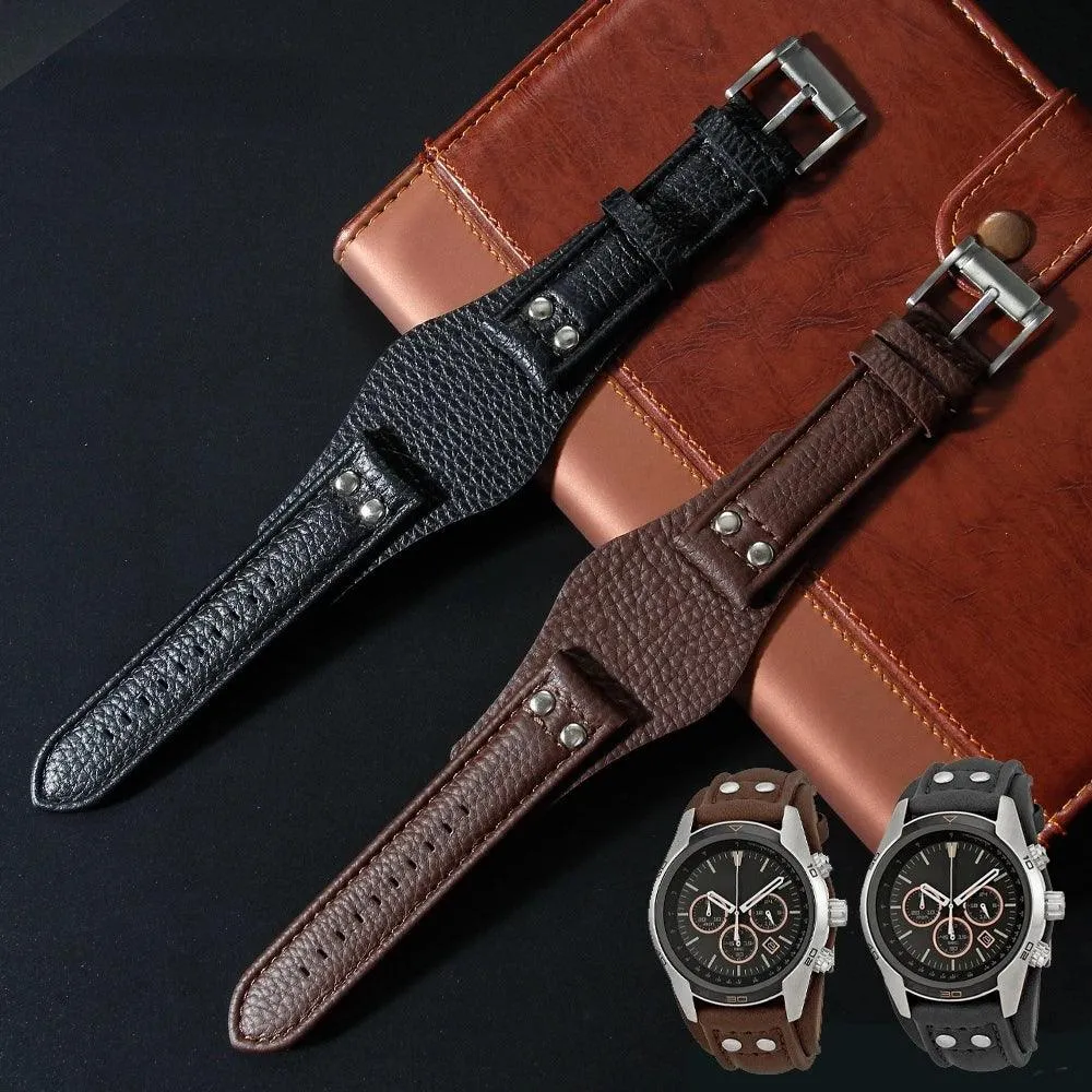 22mm Luxurious Black/Brown Riveted Leather Strap for Fossil Watches