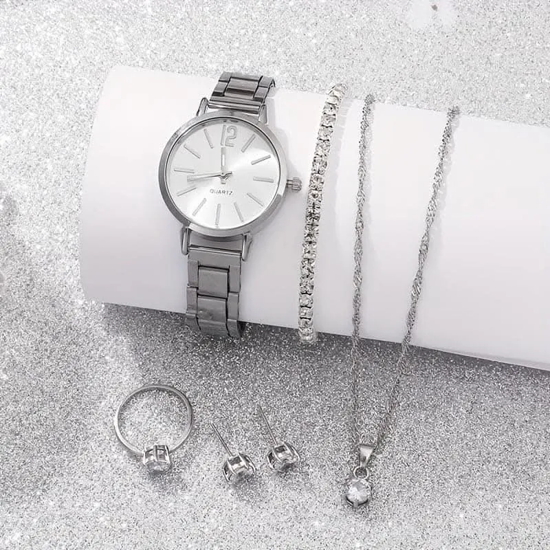 6pcs Women's Minimalist Quartz Watch & Jewelry Set – Gift for Mom