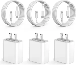 Apple MFi Certified 20W Type C Fast Charger Block - 3 Pack with 6FT USB C to Lightning Cable for iPhone 14, 13, 12, 11 Pro Max, XS, XR, X (White)