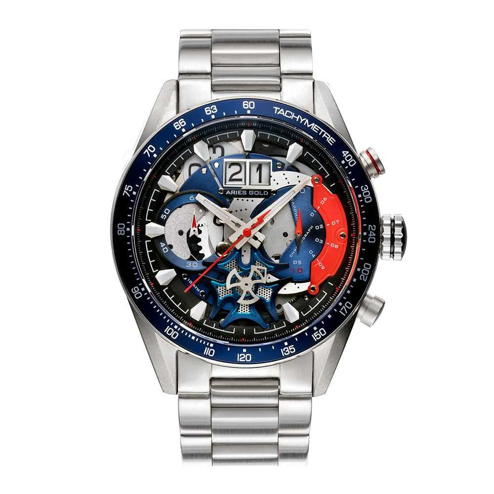 ARIES GOLD CHRONOGRAPH JOLTER SILVER STAINLESS STEEL G 7008 S-BU MEN'S WATCH