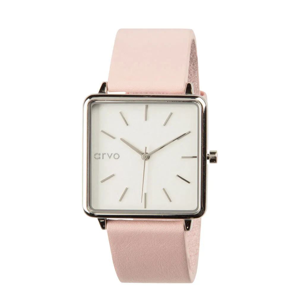 Arvo Time Squared Watch - Silver - Blush Pink Leather