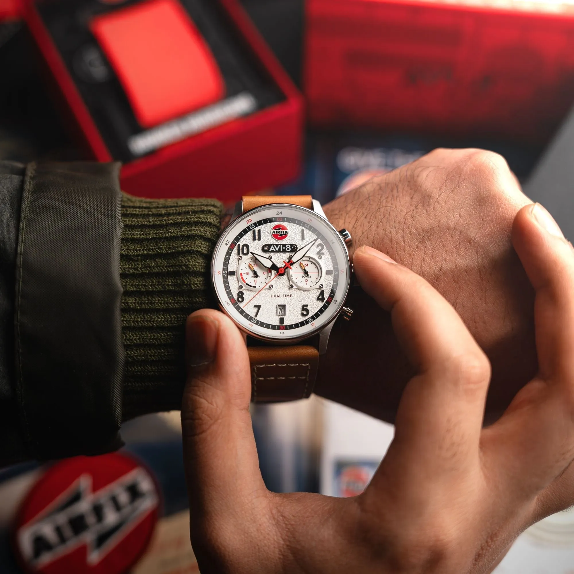 AVI-8 Hawker Hurricane Carey Dual Time - Airfix Edition Silver White Men's Watch AV-4088-06