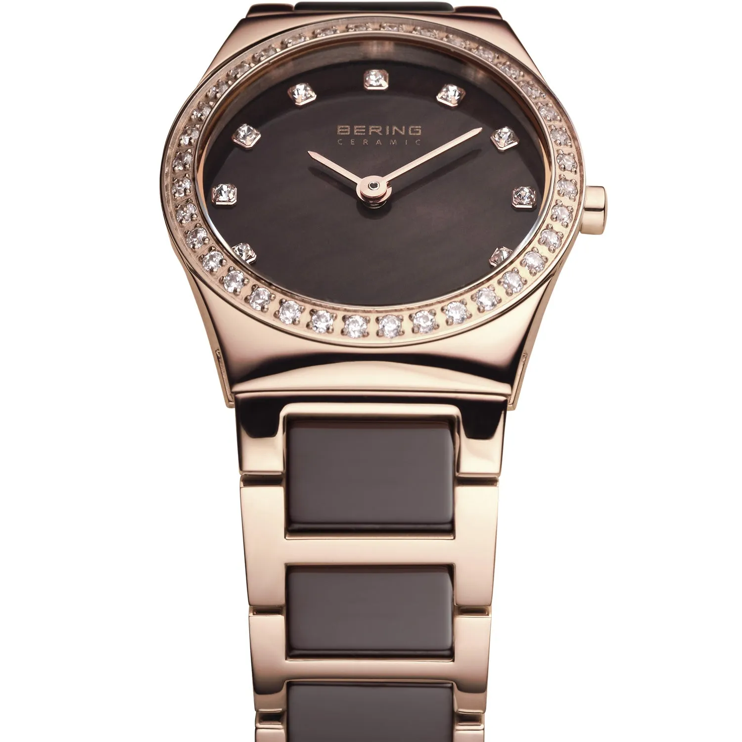 Bering Brown Ceramic and Rose Gold Watch with Swarovski Crystal Bezel