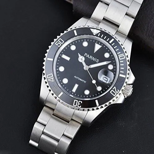 Black Dial Sapphire Glass Ceramic Bezel Submariner Automatic Mechanical Silver Watch