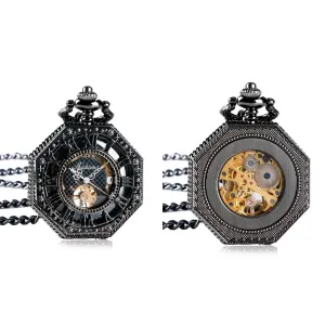 Black Octagonal Mechanical Hand Wind Pocket Watch