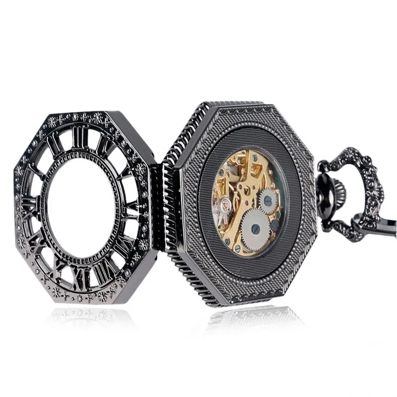 Black Octagonal Mechanical Hand Wind Pocket Watch