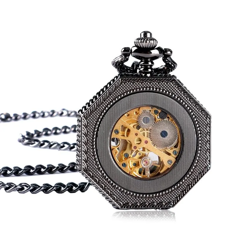 Black Octagonal Mechanical Hand Wind Pocket Watch