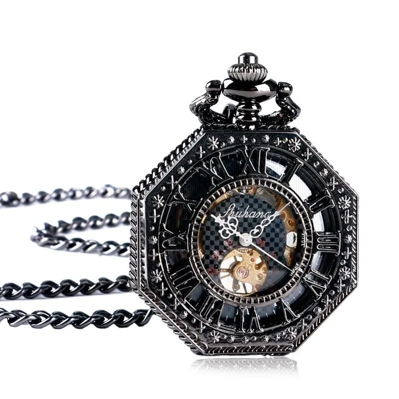 Black Octagonal Mechanical Hand Wind Pocket Watch
