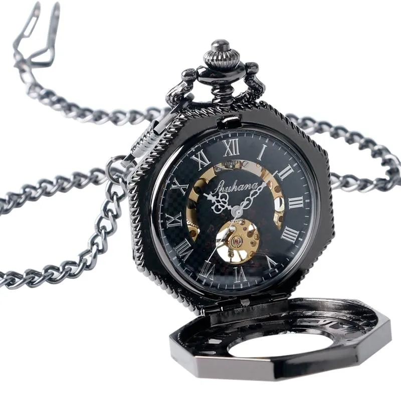Black Octagonal Mechanical Hand Wind Pocket Watch