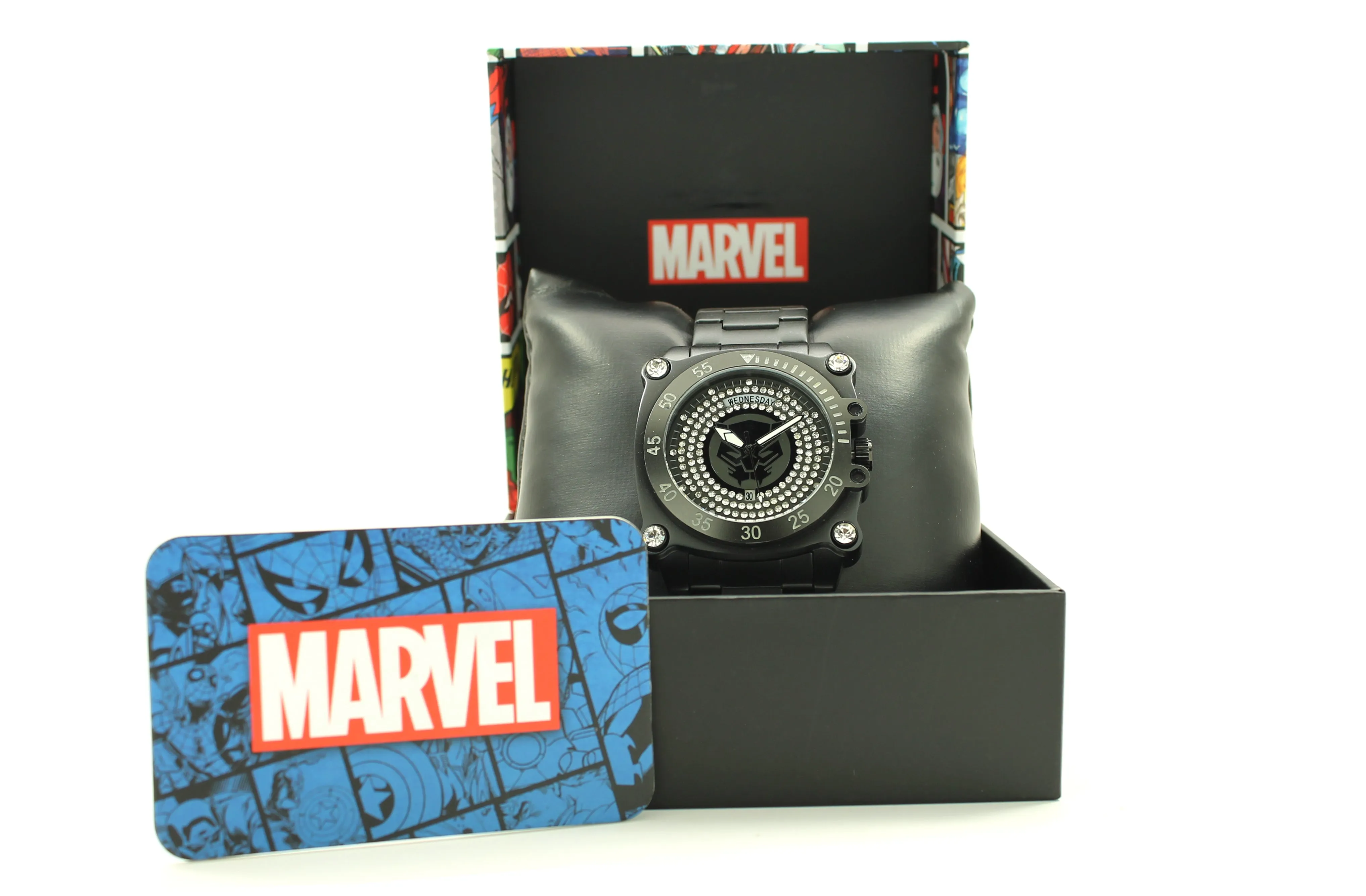 Black Panther Wakanda Forever Stainless Steel Men's Water Resistant Watch Day and Date Movement Watch Marvel Avengers (AVG8011)