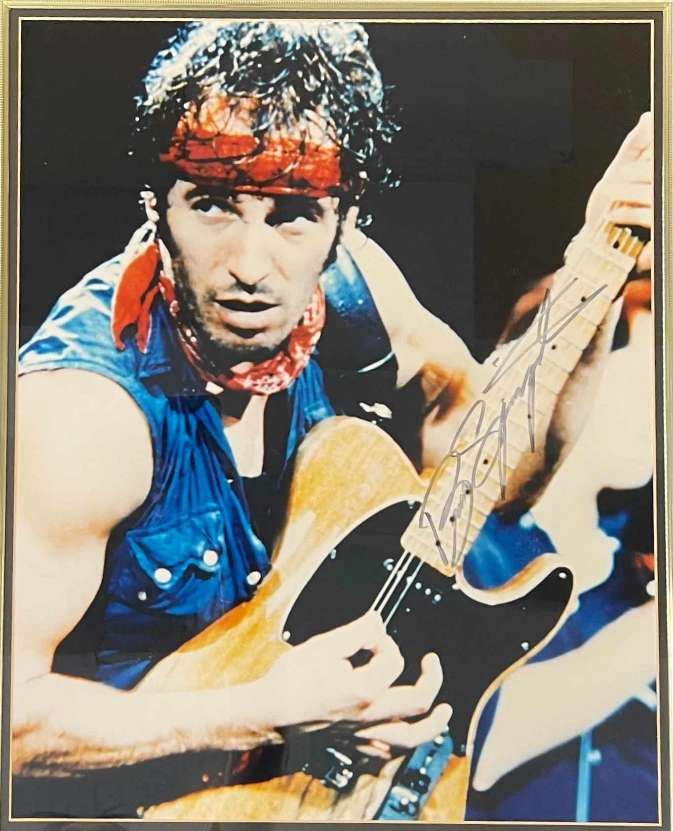 BRUCE SPRINGSTEEN GUITAR SIGNED COLORED PRINT PHOTO WITH LABEL - $5K APR W COA!