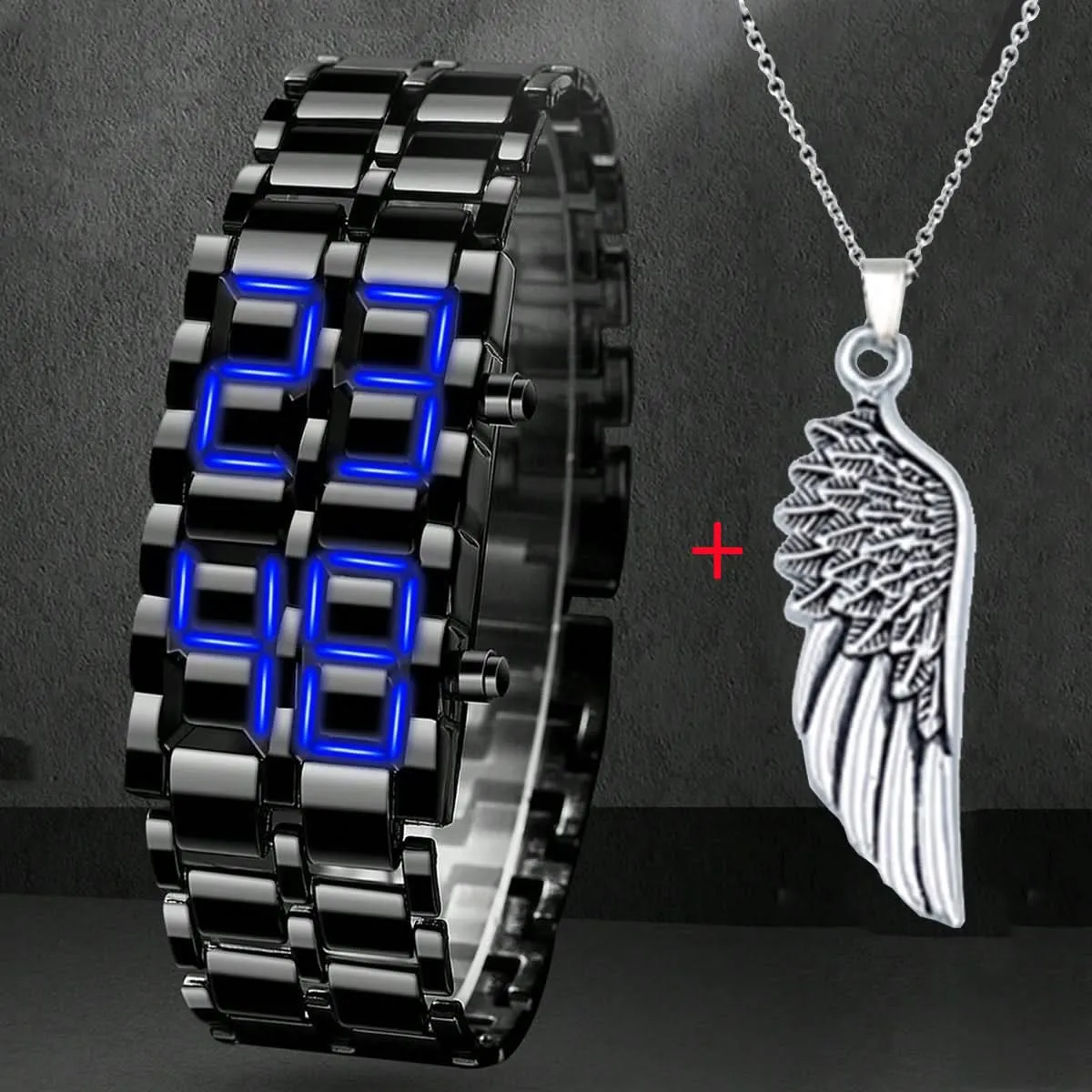 Fashion Black Full Metal Digital Men's Watch with Blue LED Display & Necklace