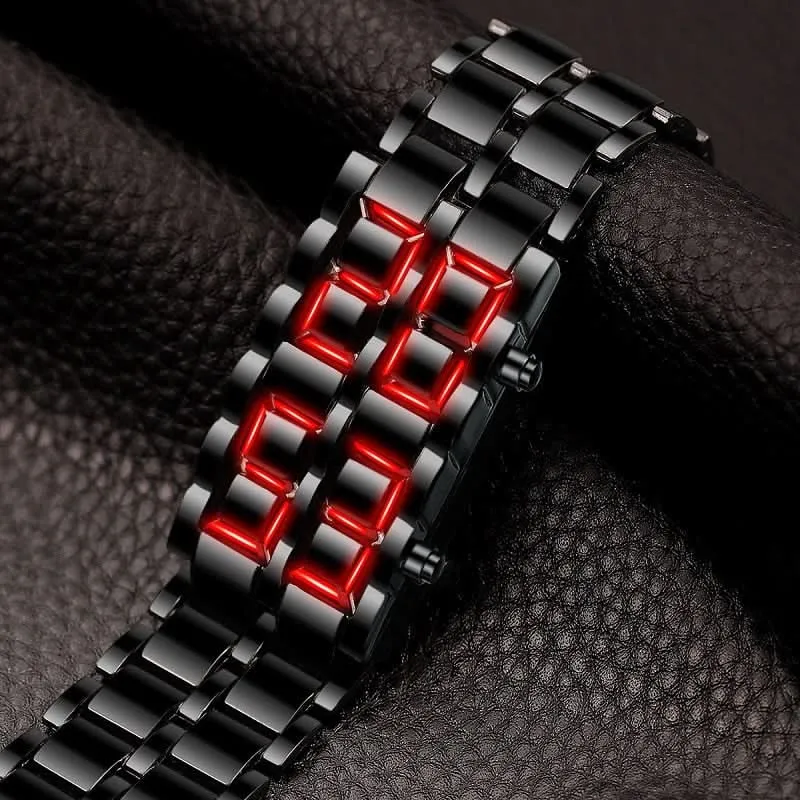 Fashion Black Full Metal Digital Men's Watch with Blue LED Display & Necklace