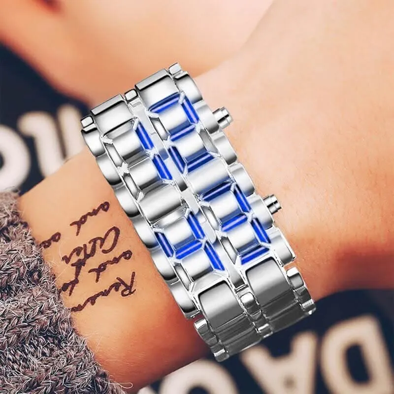Fashion Black Full Metal Digital Men's Watch with Blue LED Display & Necklace
