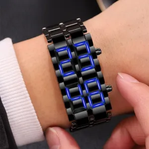 Fashion Black Full Metal Digital Men's Watch with Blue LED Display & Necklace