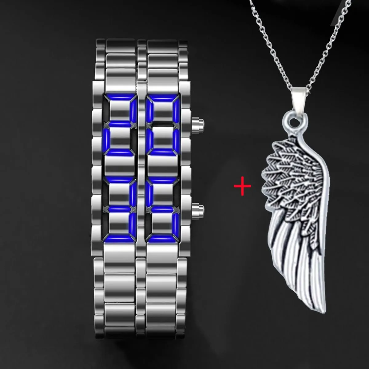 Fashion Black Full Metal Digital Men's Watch with Blue LED Display & Necklace