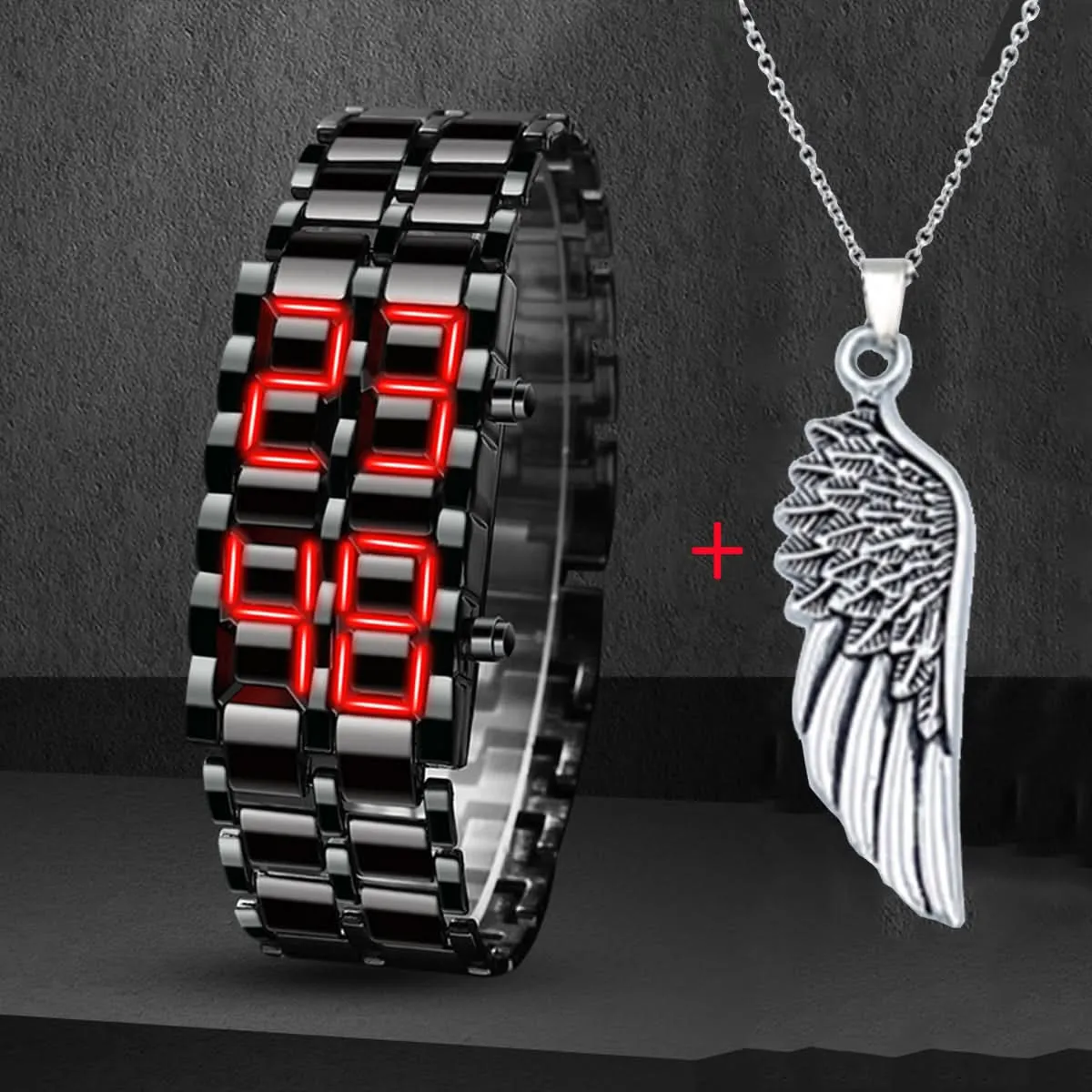 Fashion Black Full Metal Digital Men's Watch with Blue LED Display & Necklace