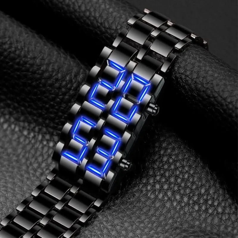 Fashion Black Full Metal Digital Men's Watch with Blue LED Display & Necklace