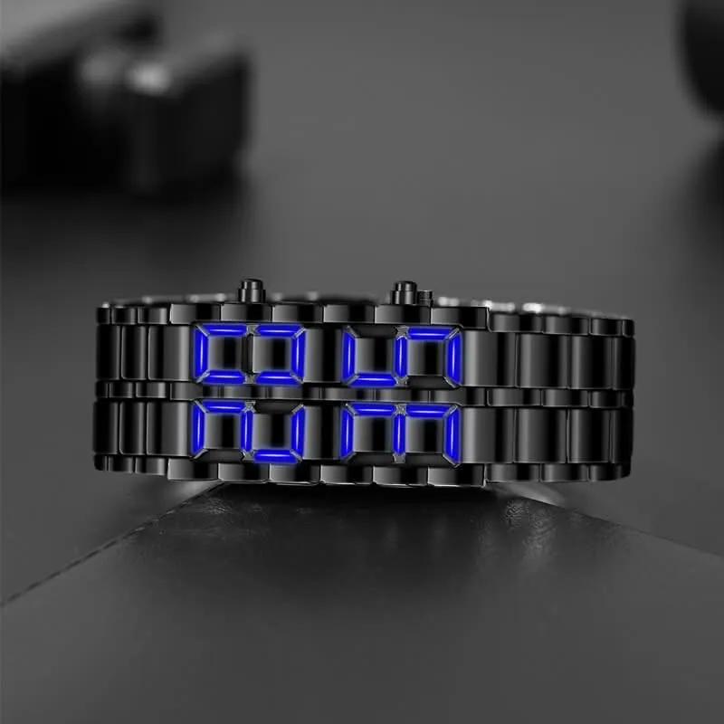 Fashion Black Full Metal Digital Men's Watch with Blue LED Display & Necklace