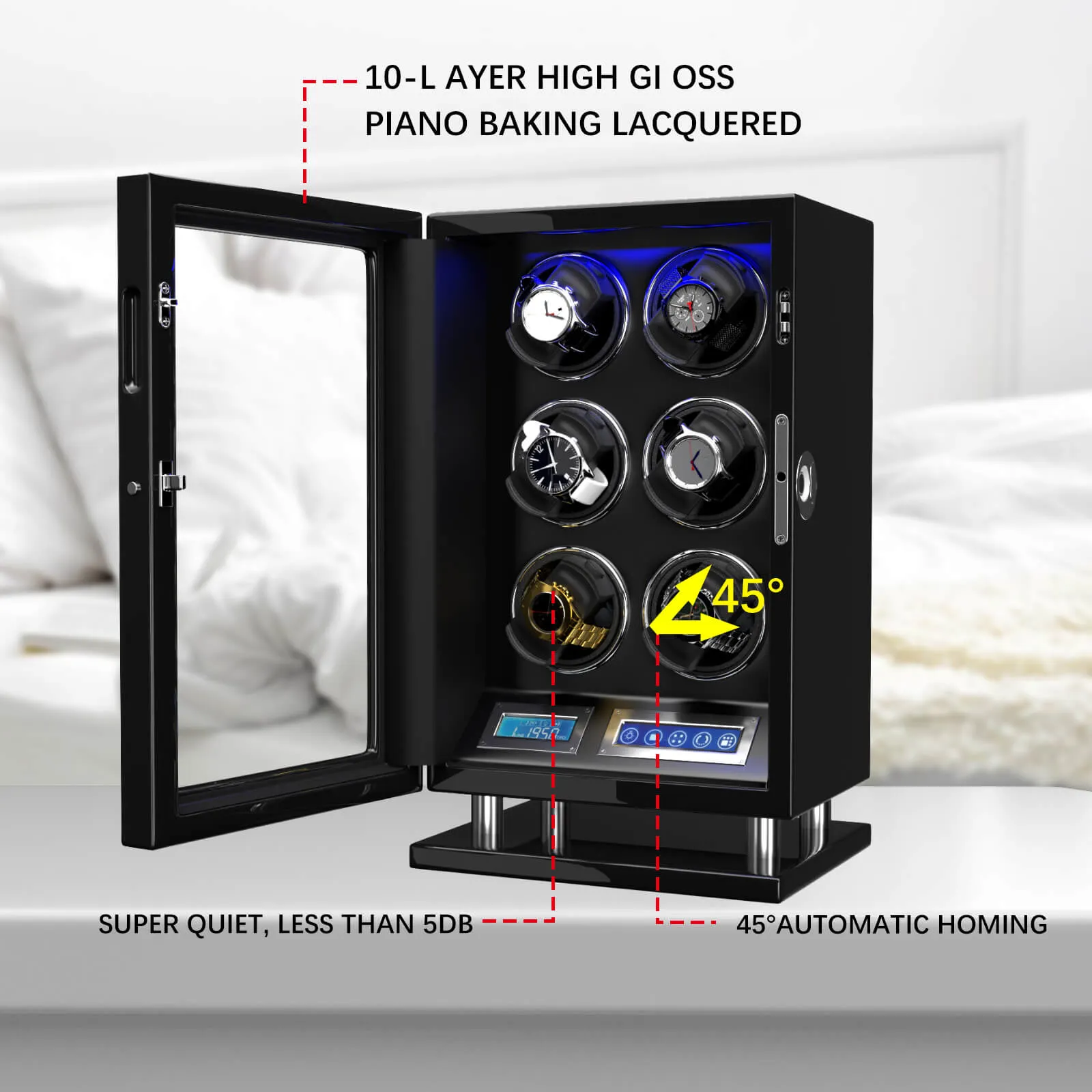 Fingerprint Unlock Watch Winder for 6 Automatic Watches Quiet Mabuchi Motors