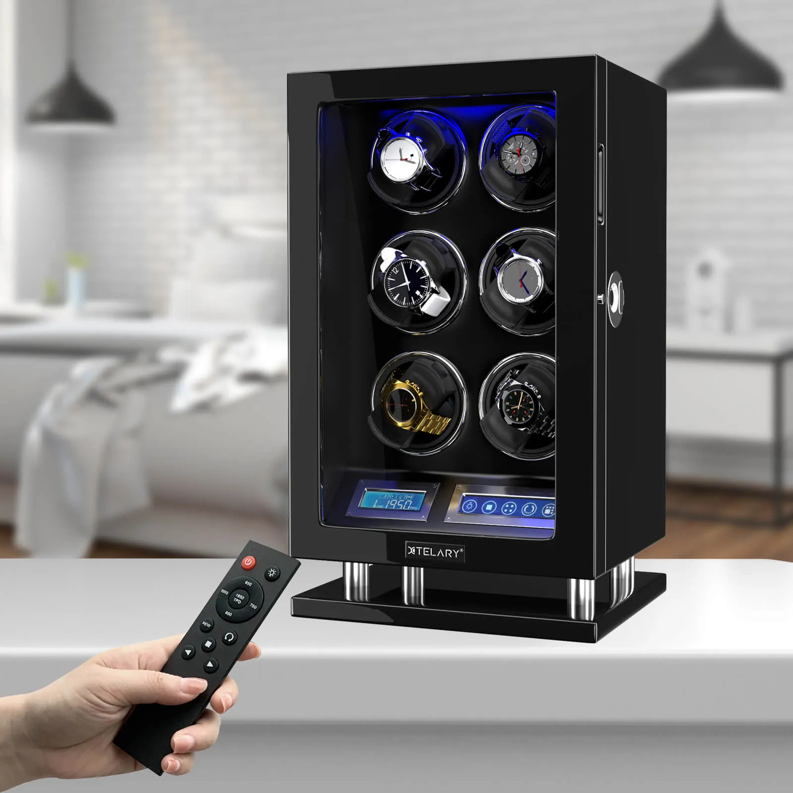 Fingerprint Unlock Watch Winder for 6 Automatic Watches Quiet Mabuchi Motors
