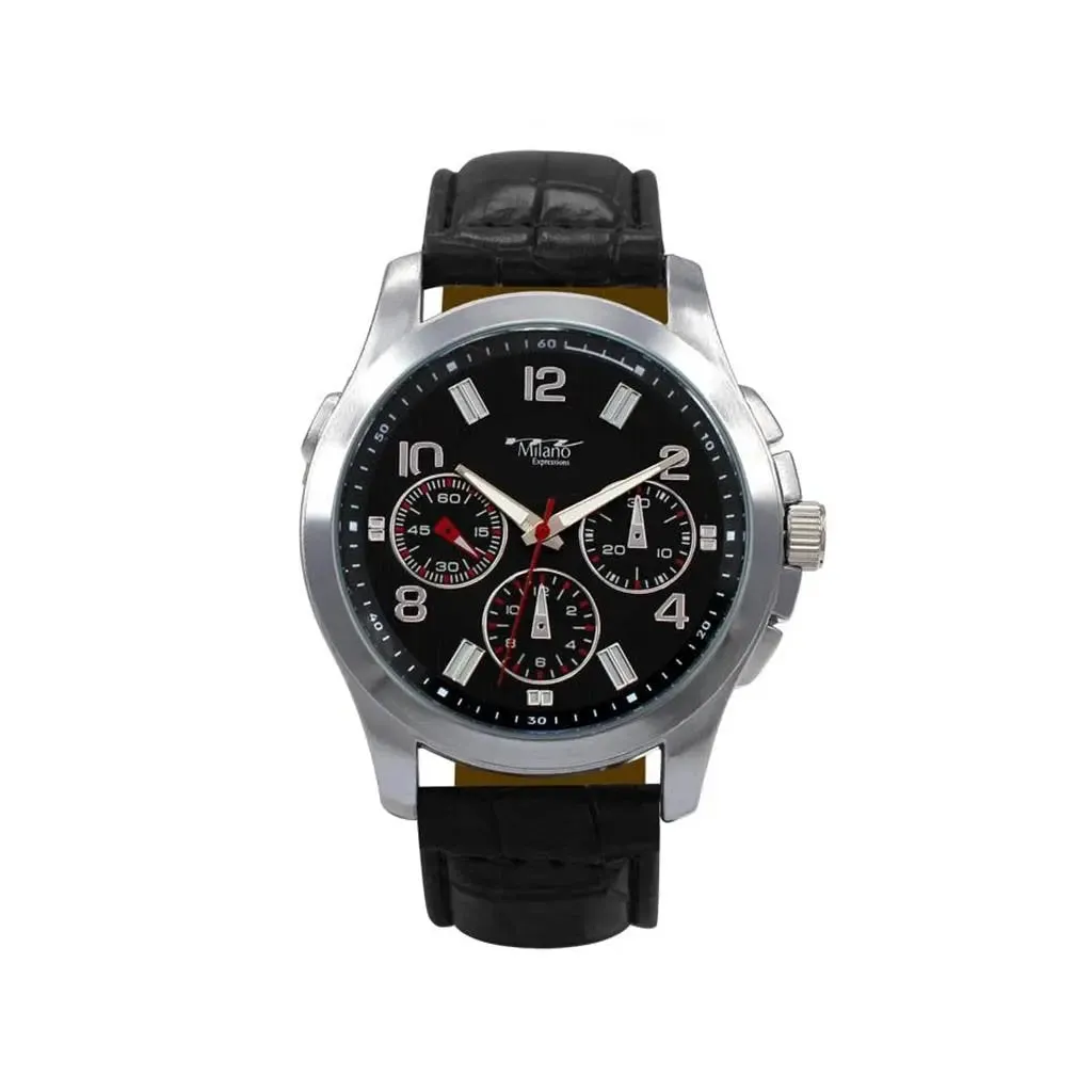 Jacobus - The M Milano Expressions Black Vegan Crocodile Band Watch features a sleek silver case and a black/silver dial
