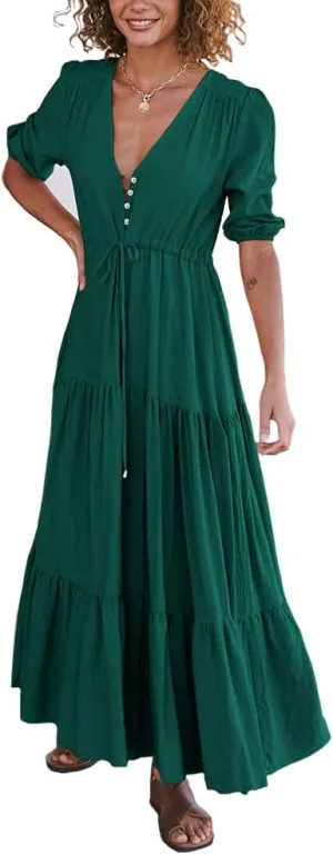 Maxi Dresses for Women with Sleeves V Neck Ruffle Drawstring Bohemian Wedding Guest Dress Plus Casual Sundress