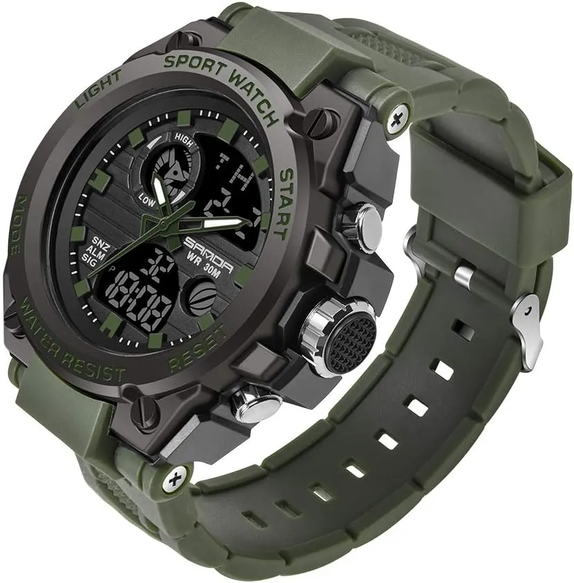 Mens Military Watches, Sports Outdoor Waterproof Watch, Tactical Army Wristwatch Analog Digital Date Multi-Function LED Alarm Stopwatch