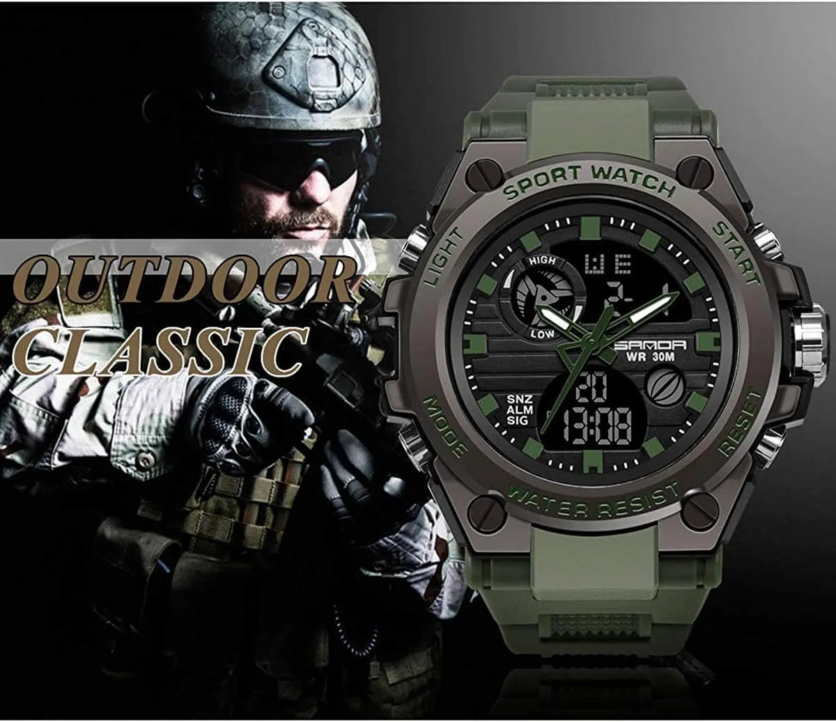 Mens Military Watches, Sports Outdoor Waterproof Watch, Tactical Army Wristwatch Analog Digital Date Multi-Function LED Alarm Stopwatch