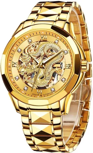 Men's Watch Automatic Mechanical Hollow Dragon Watch Luxury Formal Gold Diamond 50M Waterproof Tungsten Steel Luminous Watch