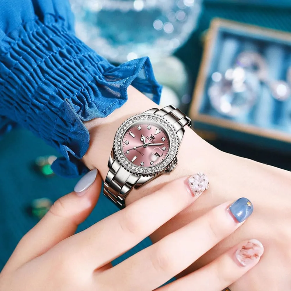 OLEVS Ladies Watch Diamond Dress Quartz Analog Female Watches Stainless Steel Two Tone Waterproof Luminous Day Date for Womens Wrist Watch Gift