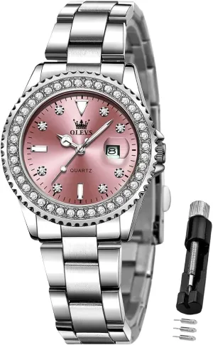 OLEVS Ladies Watch Diamond Dress Quartz Analog Female Watches Stainless Steel Two Tone Waterproof Luminous Day Date for Womens Wrist Watch Gift