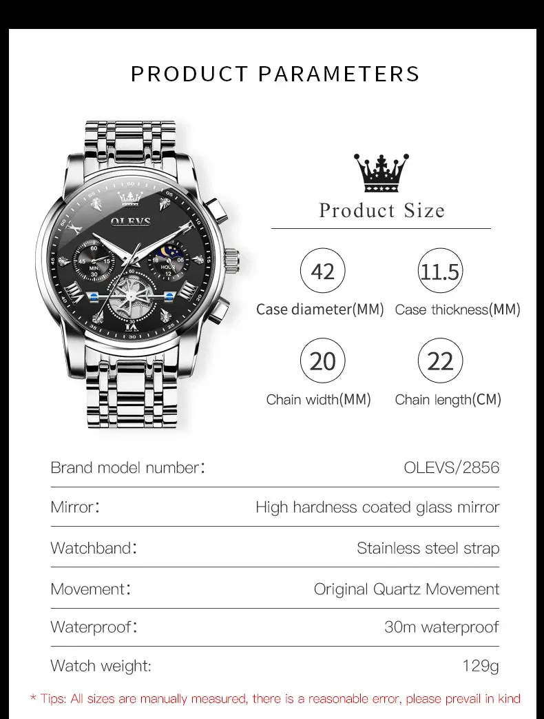 OLEVS Luxury Business Watch for Men - Stainless Steel, Waterproof, High-Quality Multifunction
