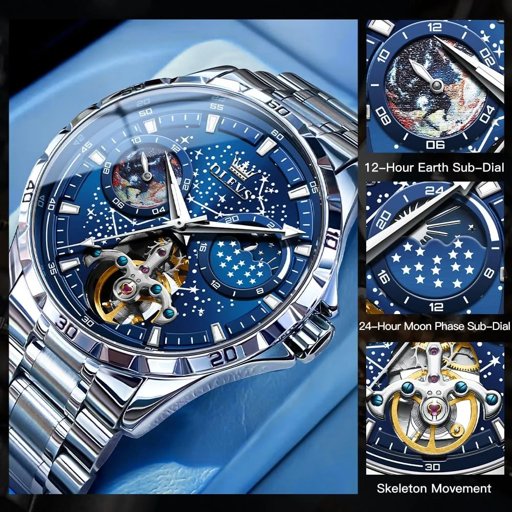 OLEVS Mens Automatic Watches Mechanical Self Winding no Battery Stainless Steel Strap Luxury Moon Phase Dress Wrist Watches for Men Waterproof Luminous