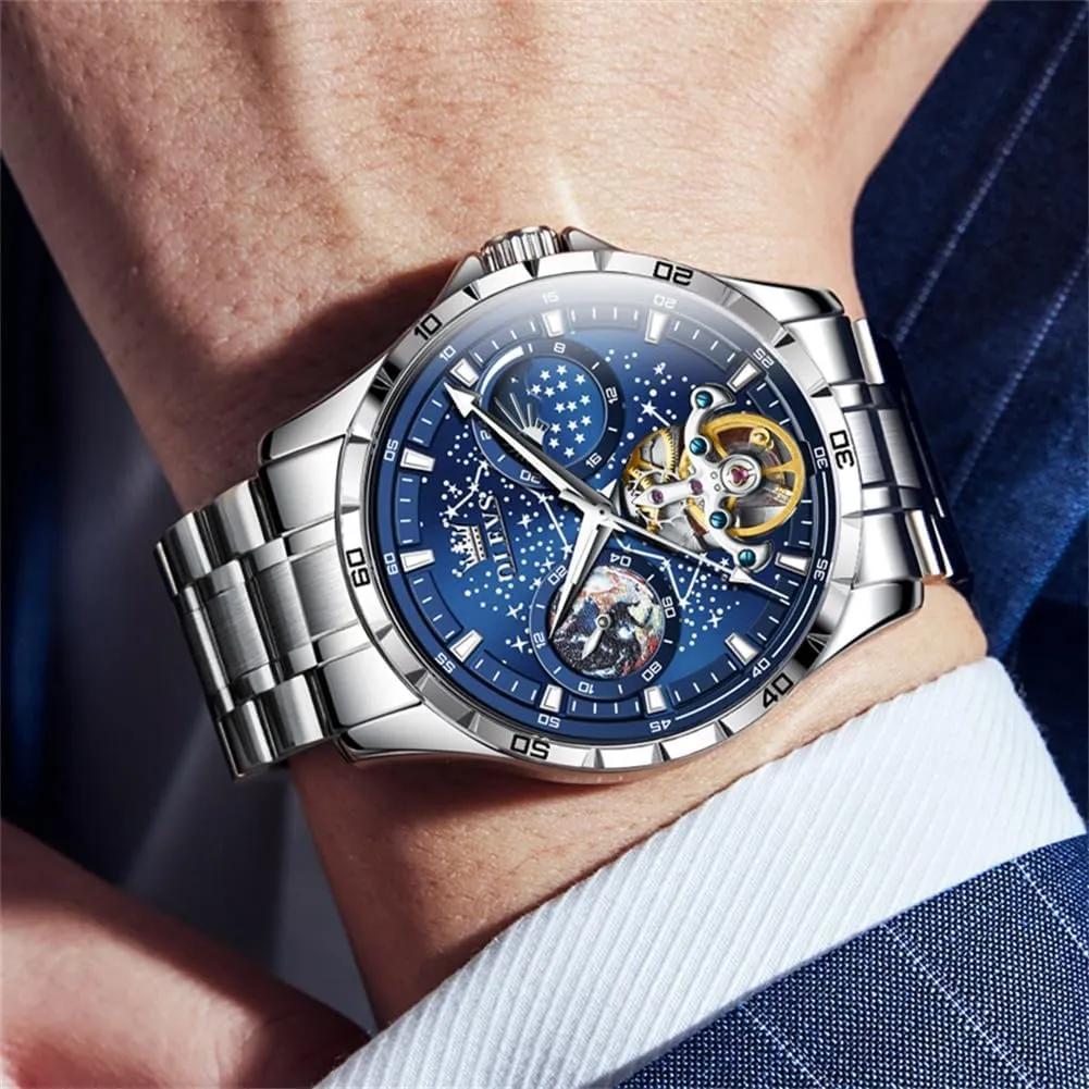 OLEVS Mens Automatic Watches Mechanical Self Winding no Battery Stainless Steel Strap Luxury Moon Phase Dress Wrist Watches for Men Waterproof Luminous