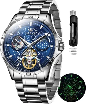 OLEVS Mens Automatic Watches Mechanical Self Winding no Battery Stainless Steel Strap Luxury Moon Phase Dress Wrist Watches for Men Waterproof Luminous