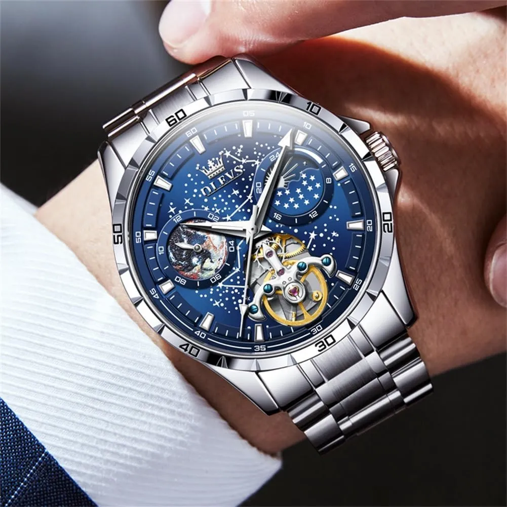 OLEVS Mens Automatic Watches Mechanical Self Winding no Battery Stainless Steel Strap Luxury Moon Phase Dress Wrist Watches for Men Waterproof Luminous