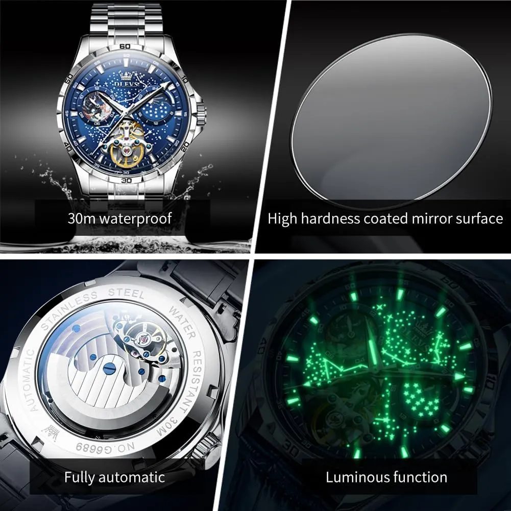 OLEVS Mens Automatic Watches Mechanical Self Winding no Battery Stainless Steel Strap Luxury Moon Phase Dress Wrist Watches for Men Waterproof Luminous