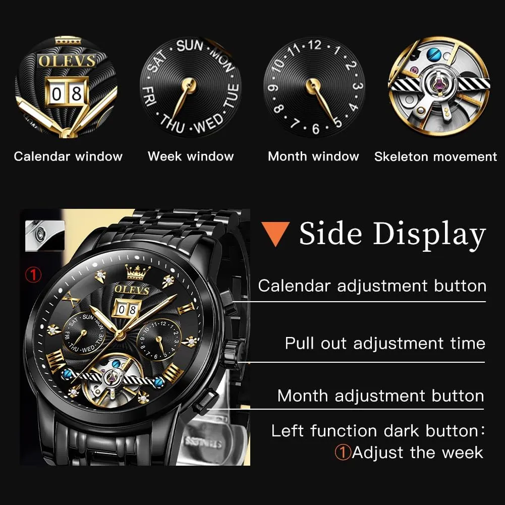 OLEVS Mens Automatic Watches Self Winding Mechanical Skeleton Tourbillon Luxury Diamond Business Dress Date Wrist Watches for Men Waterproof Luminous