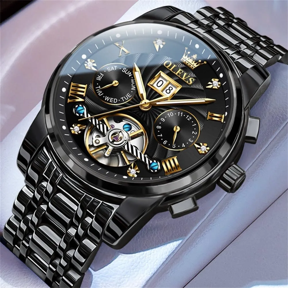OLEVS Mens Automatic Watches Self Winding Mechanical Skeleton Tourbillon Luxury Diamond Business Dress Date Wrist Watches for Men Waterproof Luminous