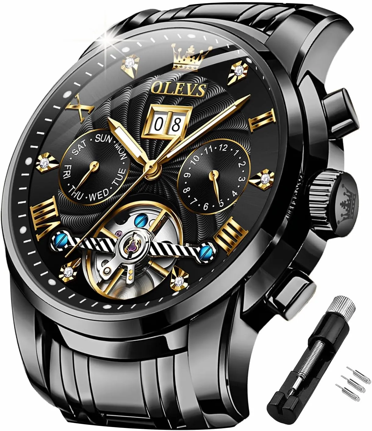 OLEVS Mens Automatic Watches Self Winding Mechanical Skeleton Tourbillon Luxury Diamond Business Dress Date Wrist Watches for Men Waterproof Luminous