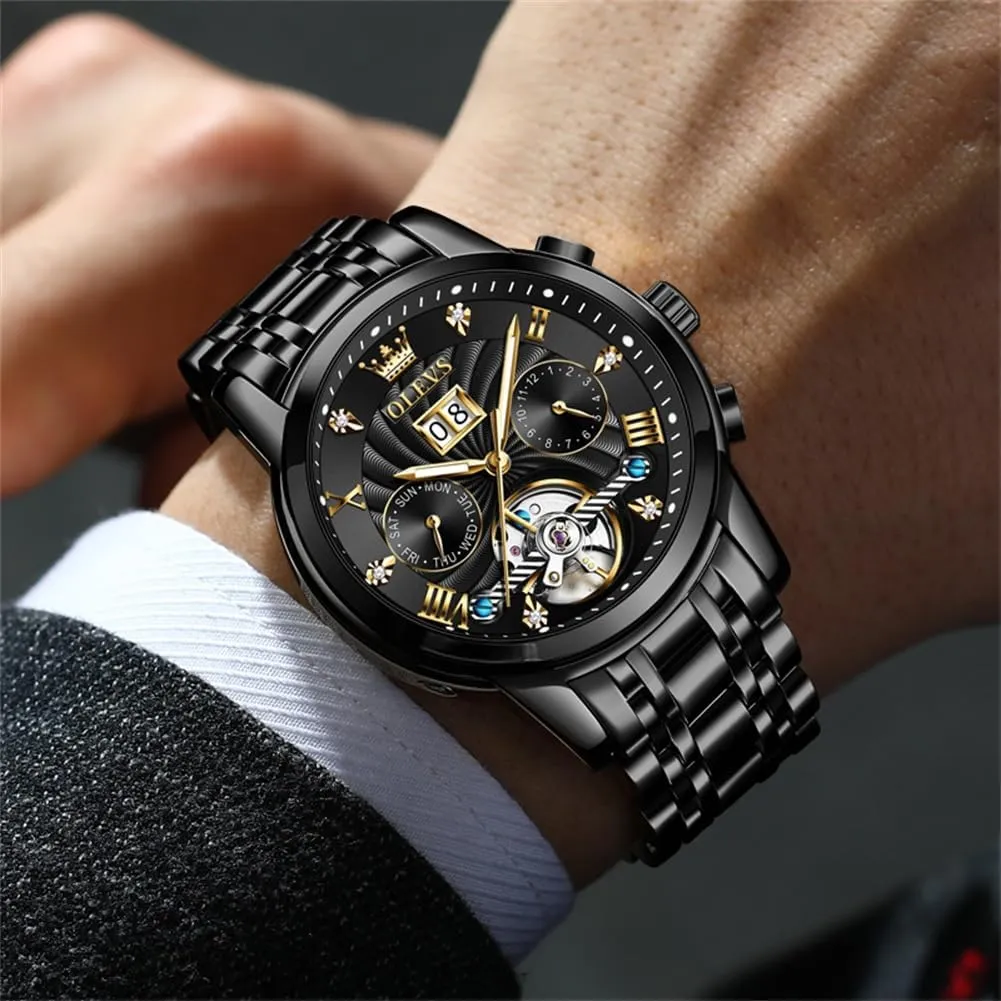 OLEVS Mens Automatic Watches Self Winding Mechanical Skeleton Tourbillon Luxury Diamond Business Dress Date Wrist Watches for Men Waterproof Luminous