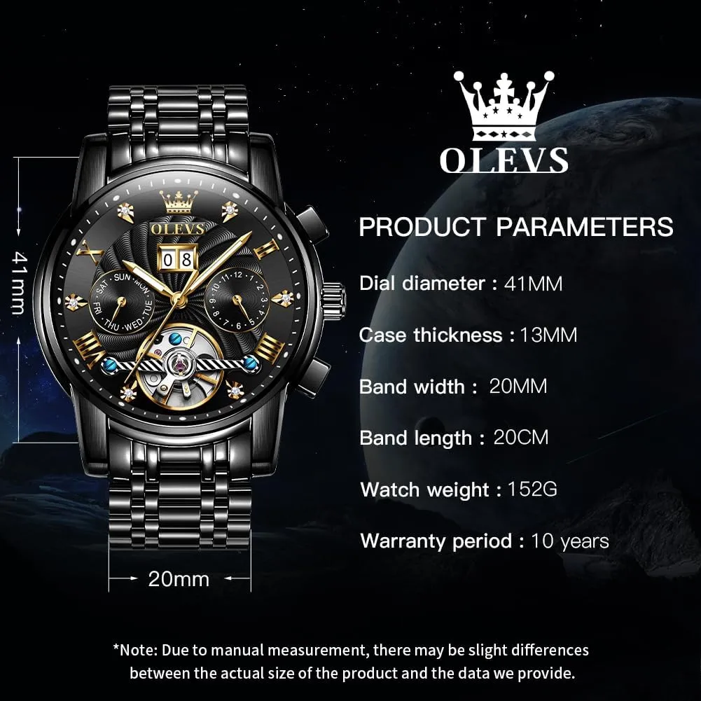 OLEVS Mens Automatic Watches Self Winding Mechanical Skeleton Tourbillon Luxury Diamond Business Dress Date Wrist Watches for Men Waterproof Luminous