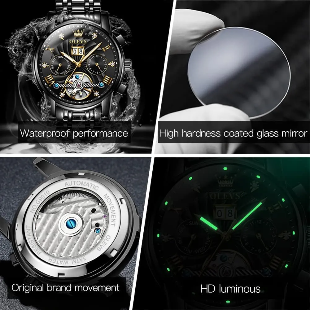 OLEVS Mens Automatic Watches Self Winding Mechanical Skeleton Tourbillon Luxury Diamond Business Dress Date Wrist Watches for Men Waterproof Luminous