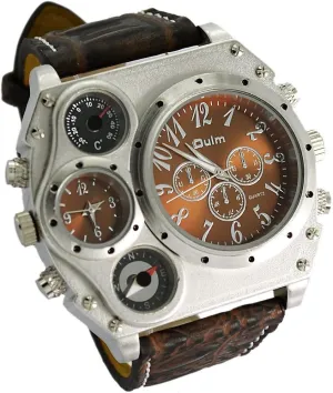 Oulm Compass Outdoor Sports Watches Analog Dark Brown Leather Strap Four Sub-dials Men Watch